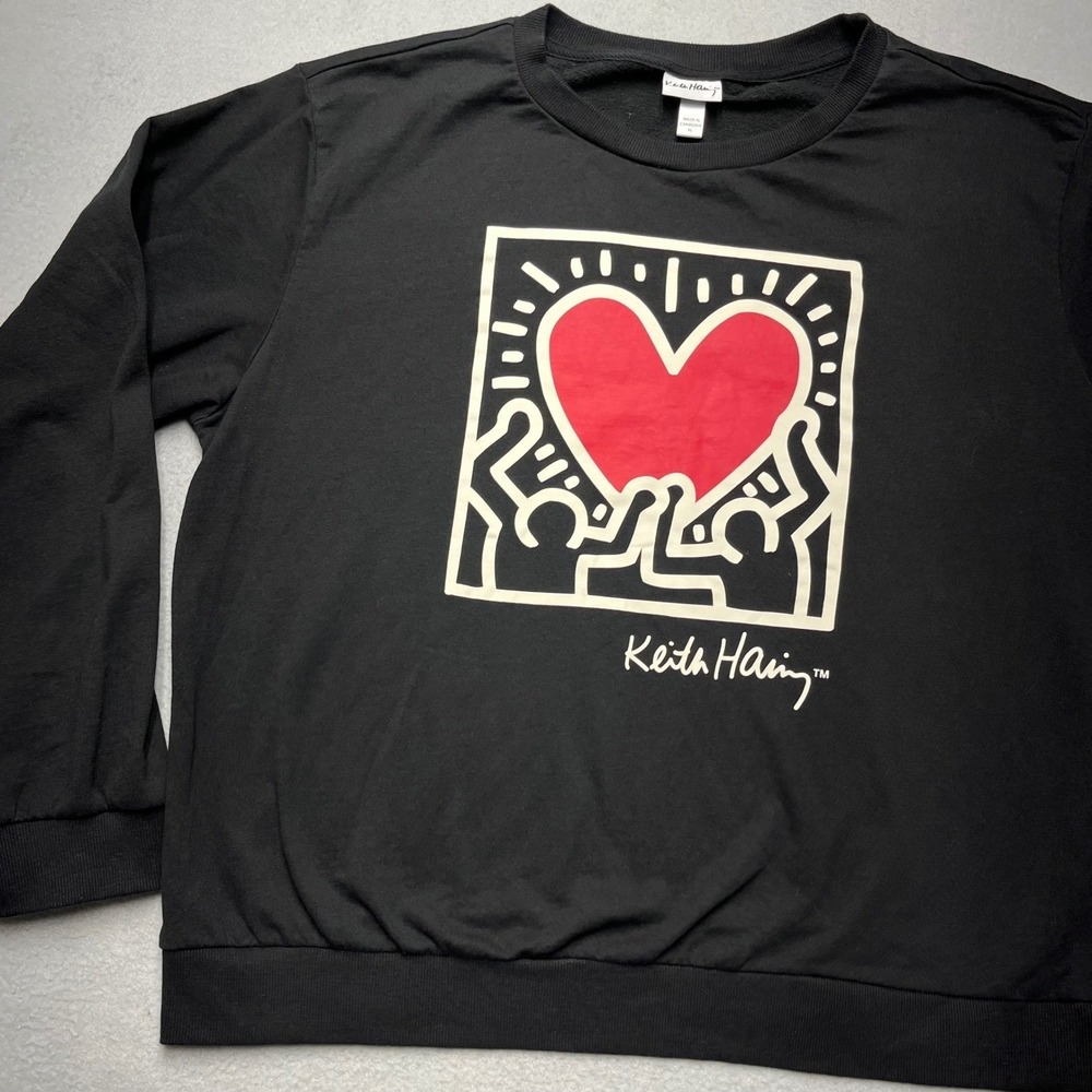 Keith Haring Heart Graphic Sweatshirt‎ Black Mens XL Pop Art Crewneck Pullover